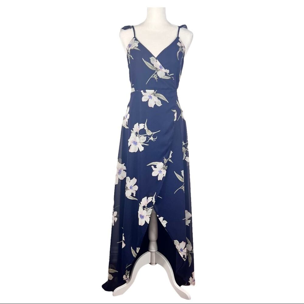Lulus Wrap Dress Women Small Navy Floral High Low Maxi Ruffle Chiffon Summer - Picture 6 of 15